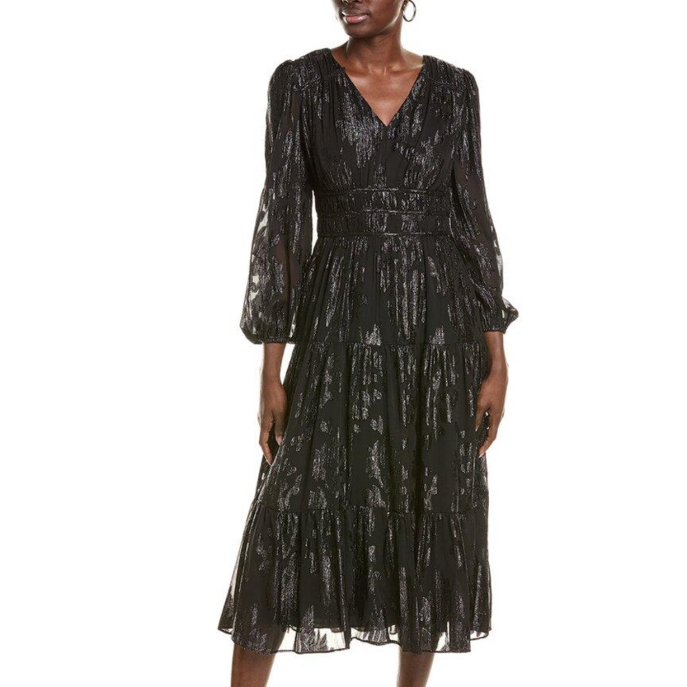 Nicole Miller Women's Black Metallic Jacquard Midi V-Neck Tiered Evening Dress 4